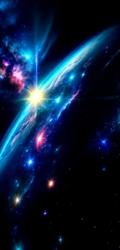 Galaxy wallpaper with colorful stars and a vibrant sunburst over Earth.