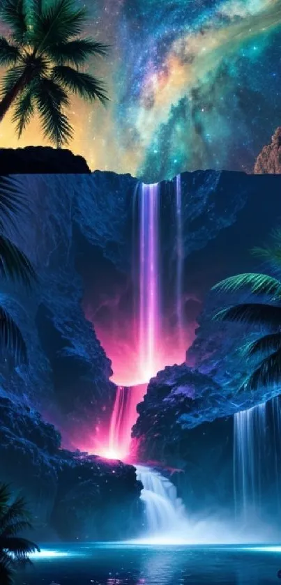 Galaxy and waterfall scene with palm trees in vibrant colors.