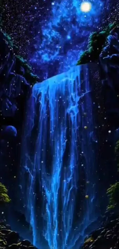 Vibrant galaxy waterfall under a starry night sky on a mobile wallpaper.