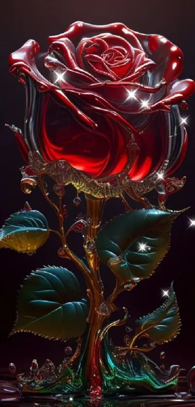 3D glass rose with vibrant red petals and green leaves.