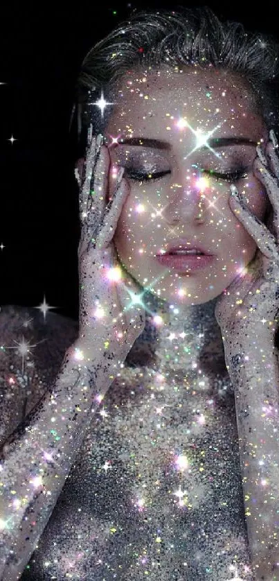 Glitter-covered person with dazzling sparkles on black background.