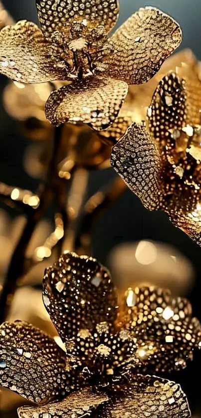 Intricate golden floral design wallpaper with shimmering flowers.