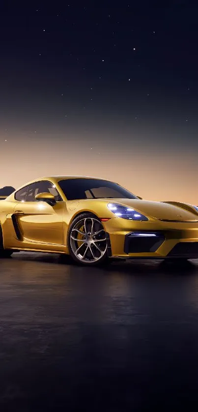 Golden sports car under starry night sky, sleek and elegant.