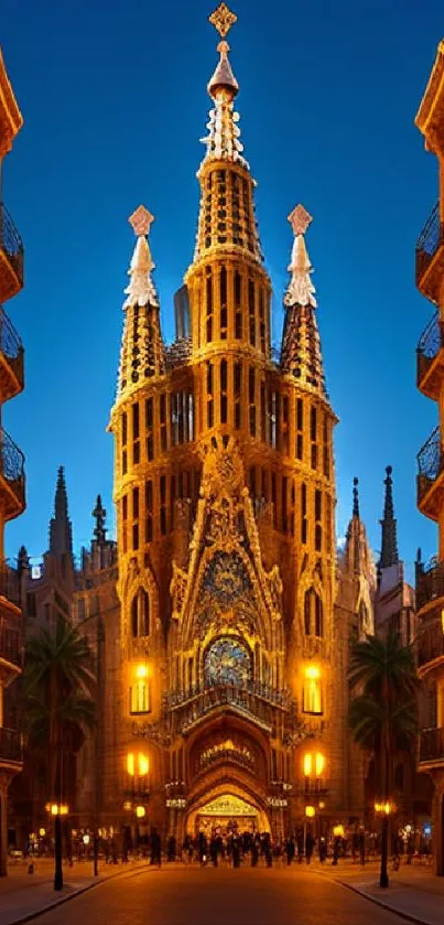 Gothic cathedral at dusk with warm illumination and intricate design.