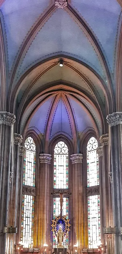 Gothic cathedral interior with arches and stained glass windows.