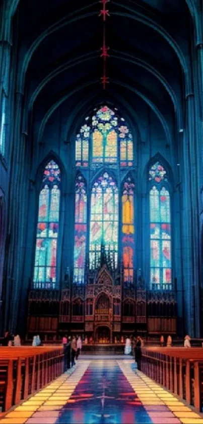 Gothic cathedral interior with stained glass windows.