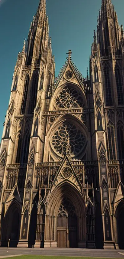 Intricate Gothic cathedral facade under clear sky.