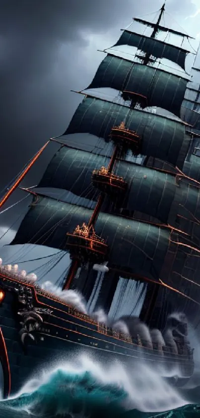 Gothic ship sails through stormy seas with lightning and waves.