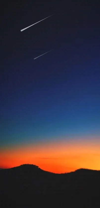 Vibrant night sky with gradient colors and shooting stars, perfect for phones.