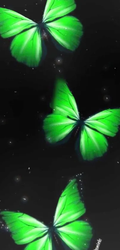 Three vibrant green butterflies on a dark mobile wallpaper.