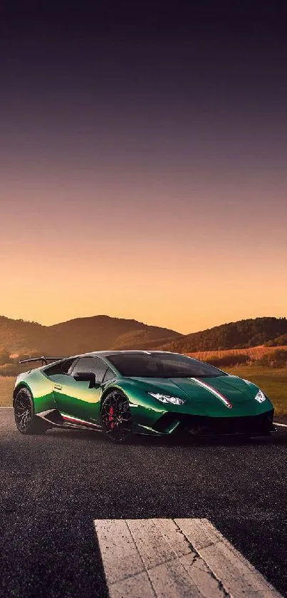 Sleek green sports car on the road at sunset, framed by hills.