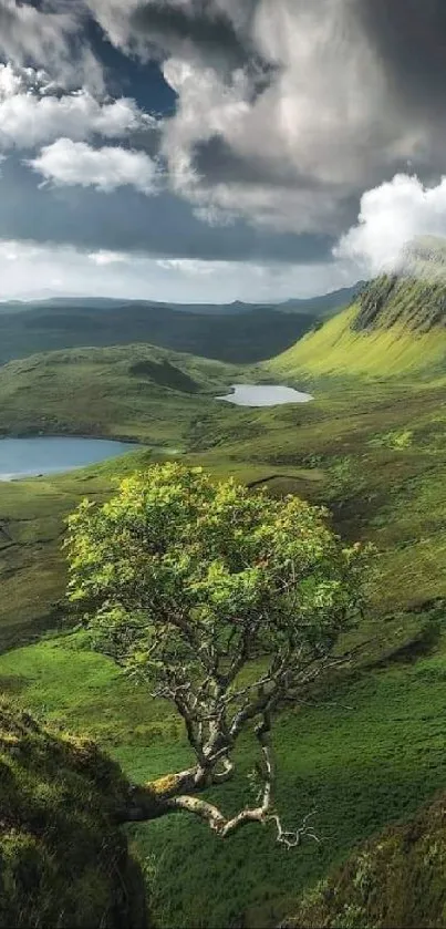 Breathtaking green landscape with hills and dramatic clouds.