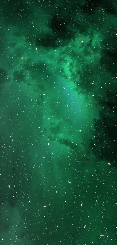 Green nebula wallpaper with stars and cosmic details for mobile phone background.