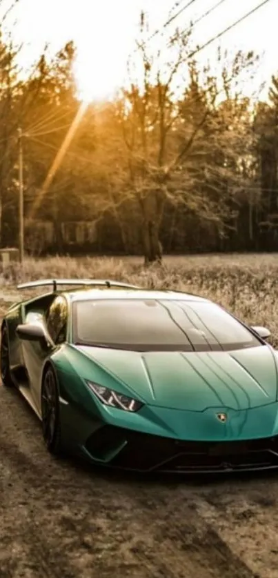 Green sports car on scenic road at sunset.