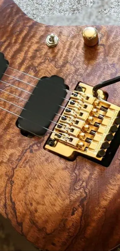 Close-up of a guitar's wood texture with golden hardware.