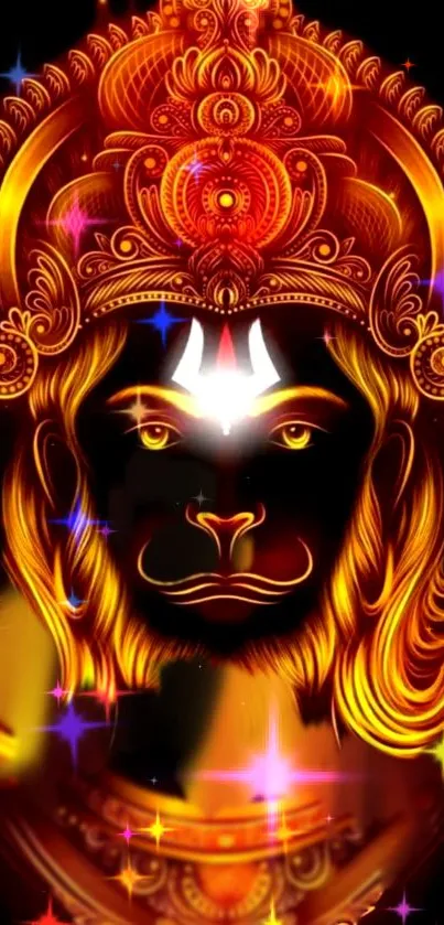 Vibrant Hanuman art with glowing orange hues for mobile wallpaper.