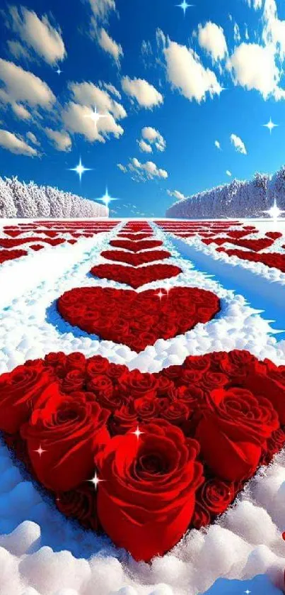 Heart-shaped roses in snow under blue sky.