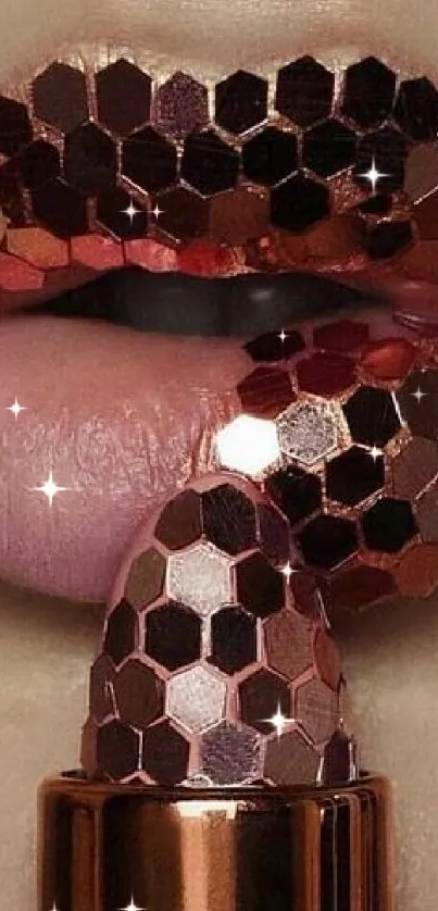 Shimmering hexagonal lip art on a mobile wallpaper.