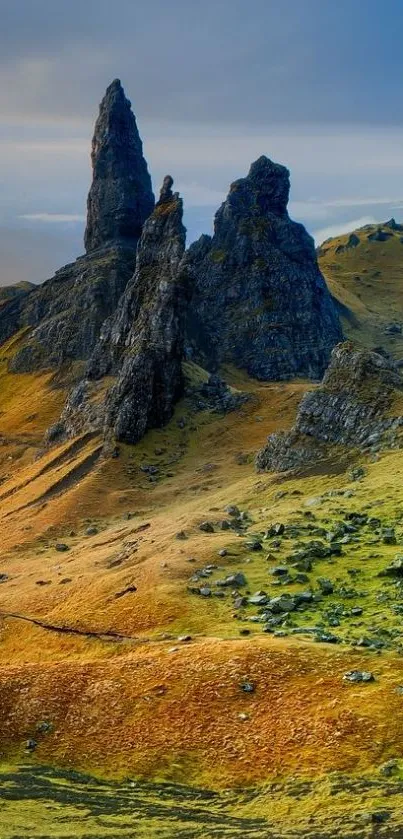 Majestic Scottish Highlands landscape with cliffs and greenery.