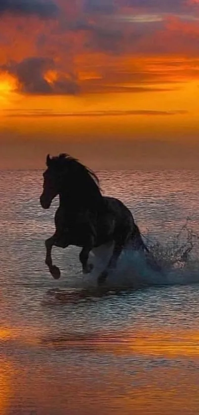 Horse galloping in water at vibrant orange sunset.