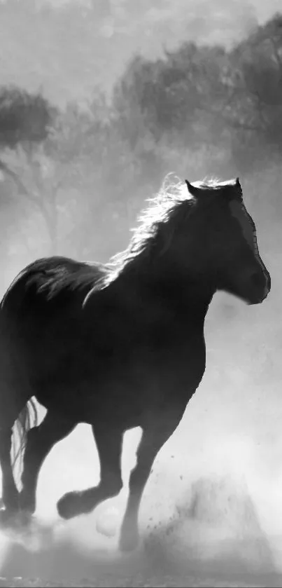 Monochrome silhouette of a horse running in a misty landscape.