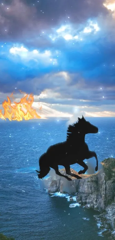 Silhouette of a horse over an ocean with a fiery sky and clouds.