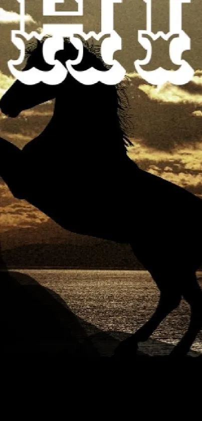 Silhouette of rearing horse at sunset with 'HI' text.