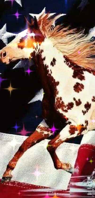 Majestic horse runs with American flag in patriotic wallpaper.