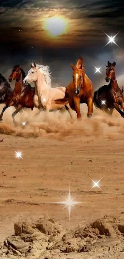 Galloping horses under sunset sky in desert landscape.