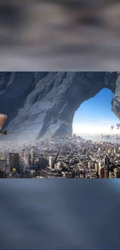 Hot air balloons floating over a stunning cityscape with a mountainous backdrop.