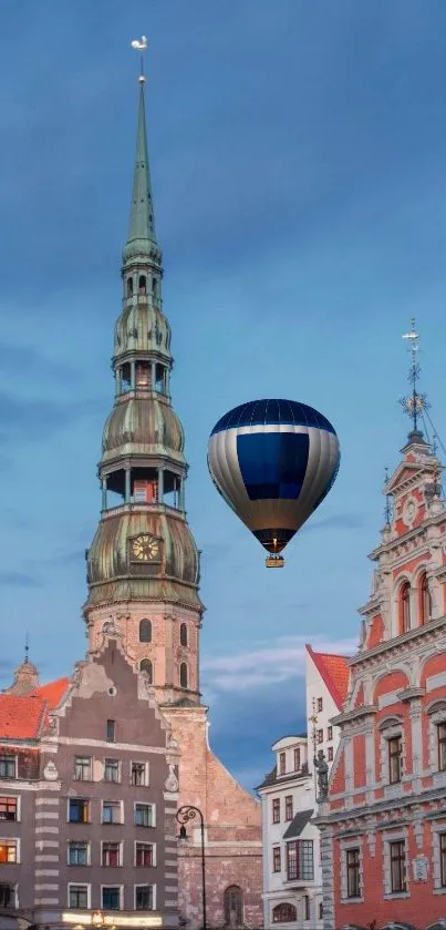 Hot air balloon floats over historic cityscape in blue sky.