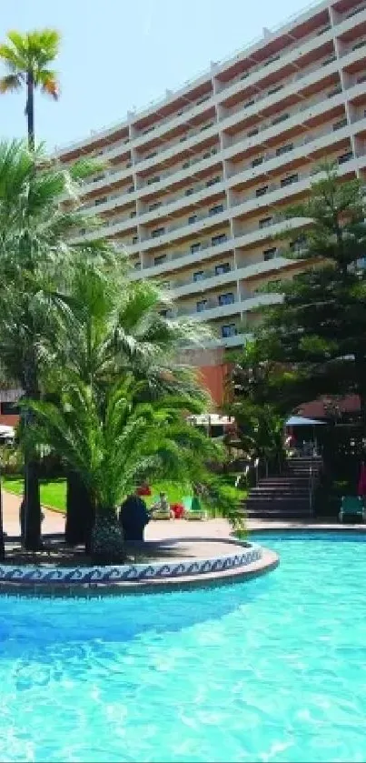 Hotel pool with palm trees and clear blue sky backdrop.