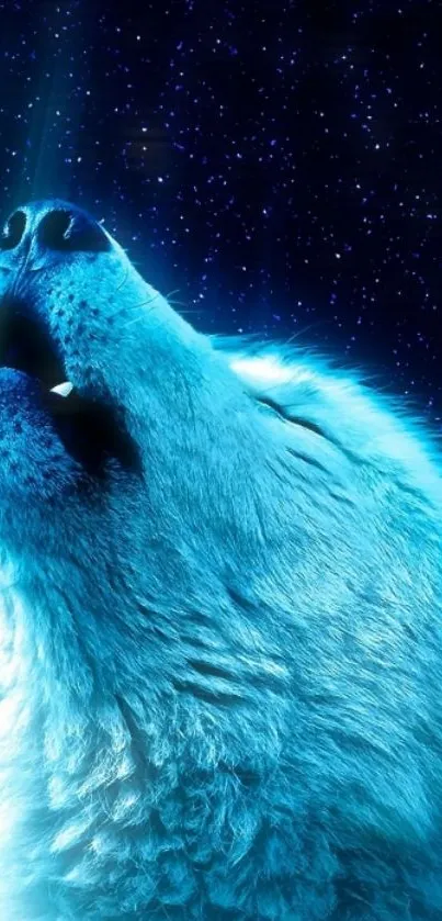 Dynamic wallpaper of a howling wolf under a starry blue night sky.