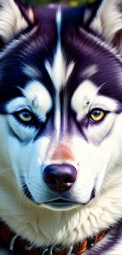 Close-up of a Husky dog with vivid blue eyes and a detailed fur texture.