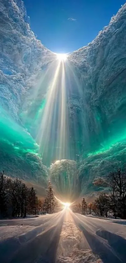 Majestic ice canyon with light rays and vivid greens in a serene winter landscape.