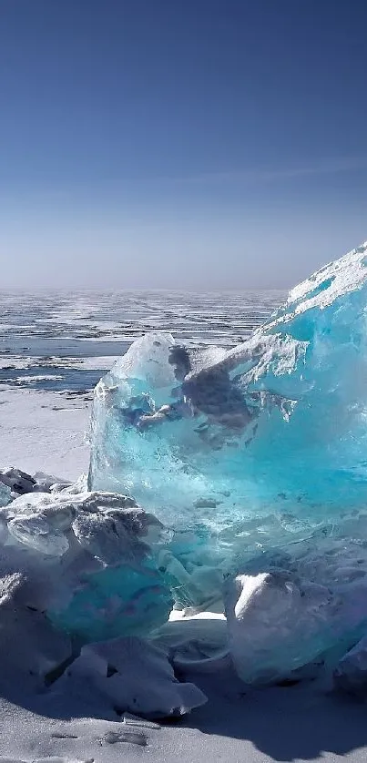 Iceberg with blue sky and frozen sea in scenic winter view.