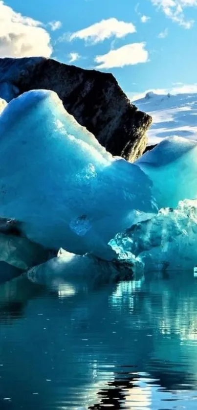 Breathtaking iceberg against blue sky reflected in calm water.