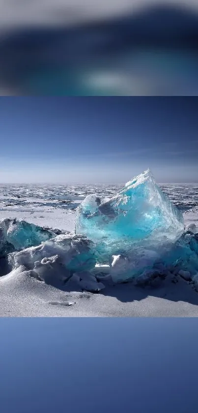 Icy blue landscape with stunning ice formation on snowy terrain.