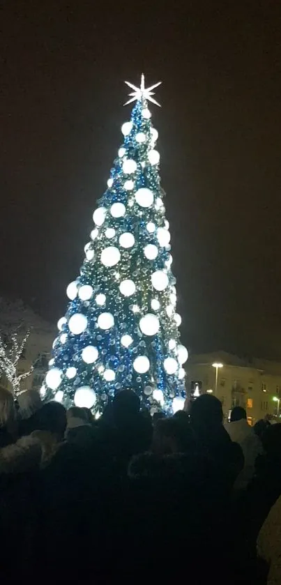 Illuminated Christmas tree at night with glowing decorations.