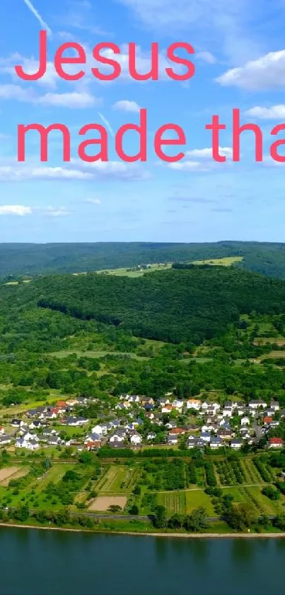 Aerial view of a lush green island surrounded by a river.