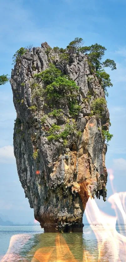 Island rock formation with flames and blue sky backdrop.