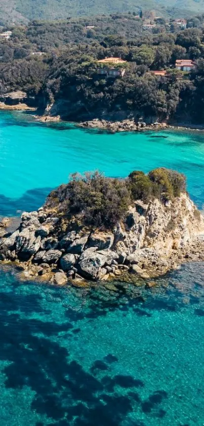 Aerial view of a tropical island surrounded by turquoise blue water.