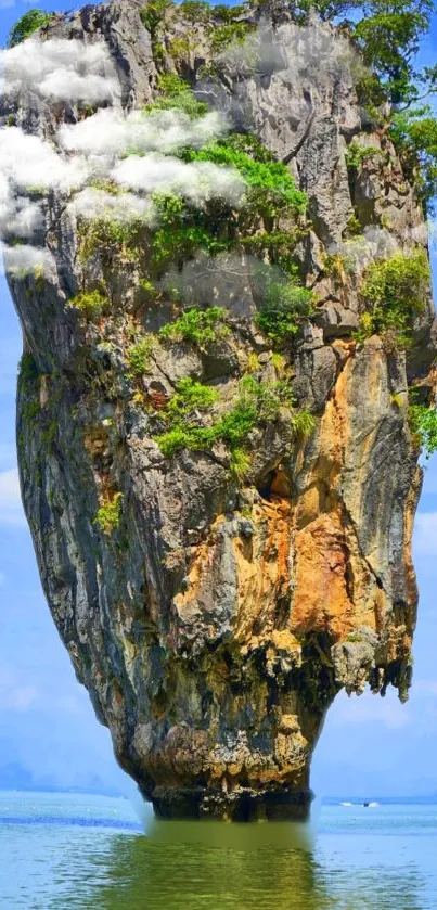 Towering island rock surrounded by blue water and green foliage.