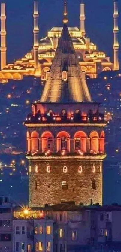 Illuminated Galata Tower and Istanbul cityscape at night.