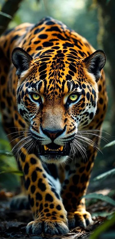 A powerful jaguar prowls through dense jungle, showcasing its stunning spots and fierce gaze.