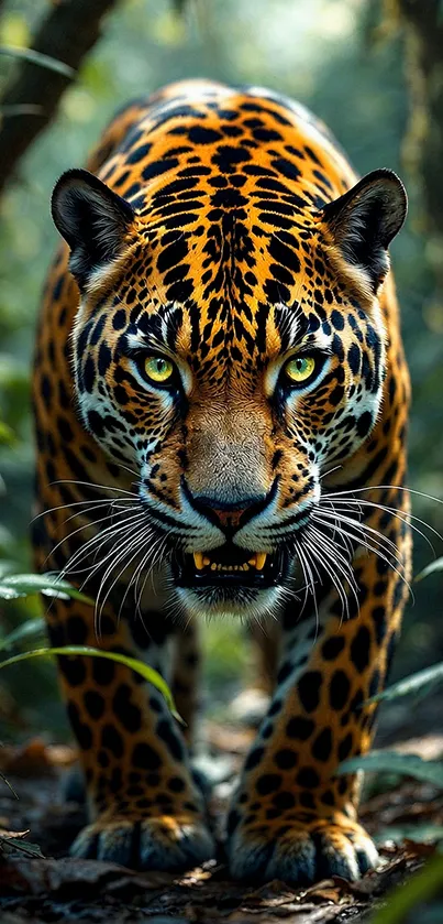 A fierce jaguar stands in lush jungle, exuding wild beauty.