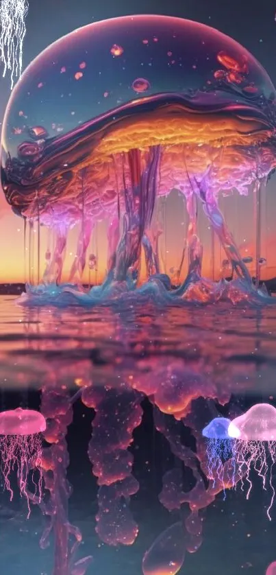 Surreal jellyfish glows under a vibrant sunset, perfect for mobile wallpaper.