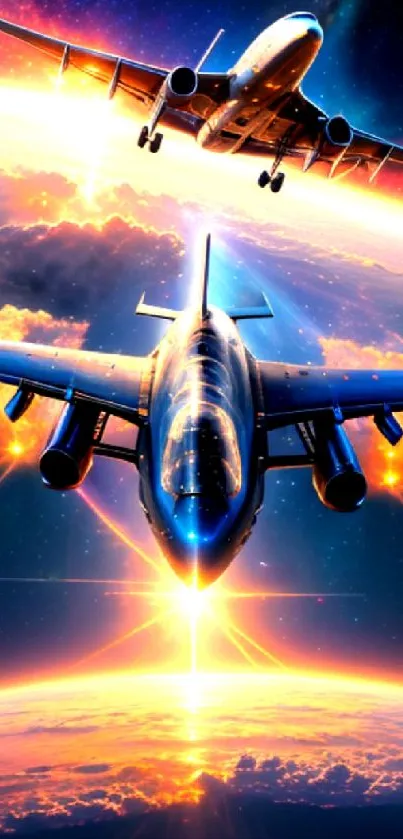 Two jet aircrafts soaring in a vibrant cosmic sunset.