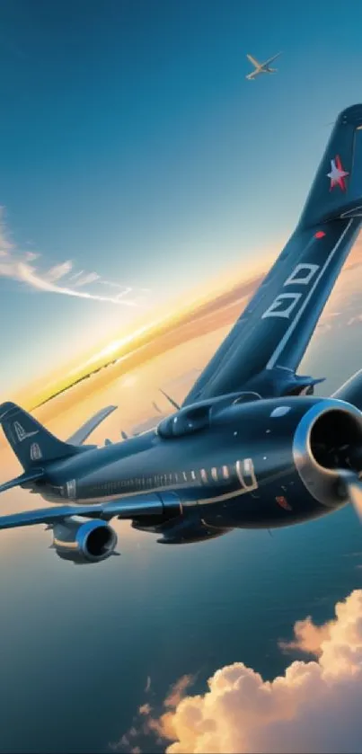 Jet fighter soaring in sunset sky with clouds.