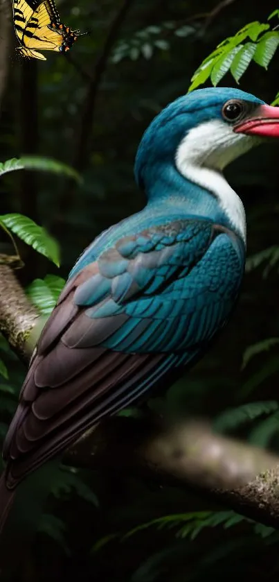 Exotic blue bird on jungle branch with butterfly, lush greenery background.